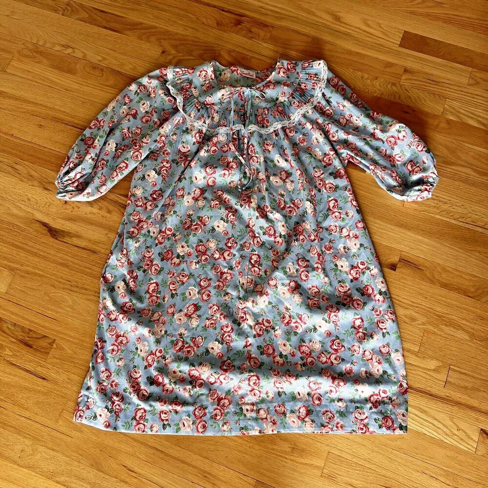 Vtg cotton Pink blue Floral House Dress blue puff sleeve lace‎ retro Made in USA